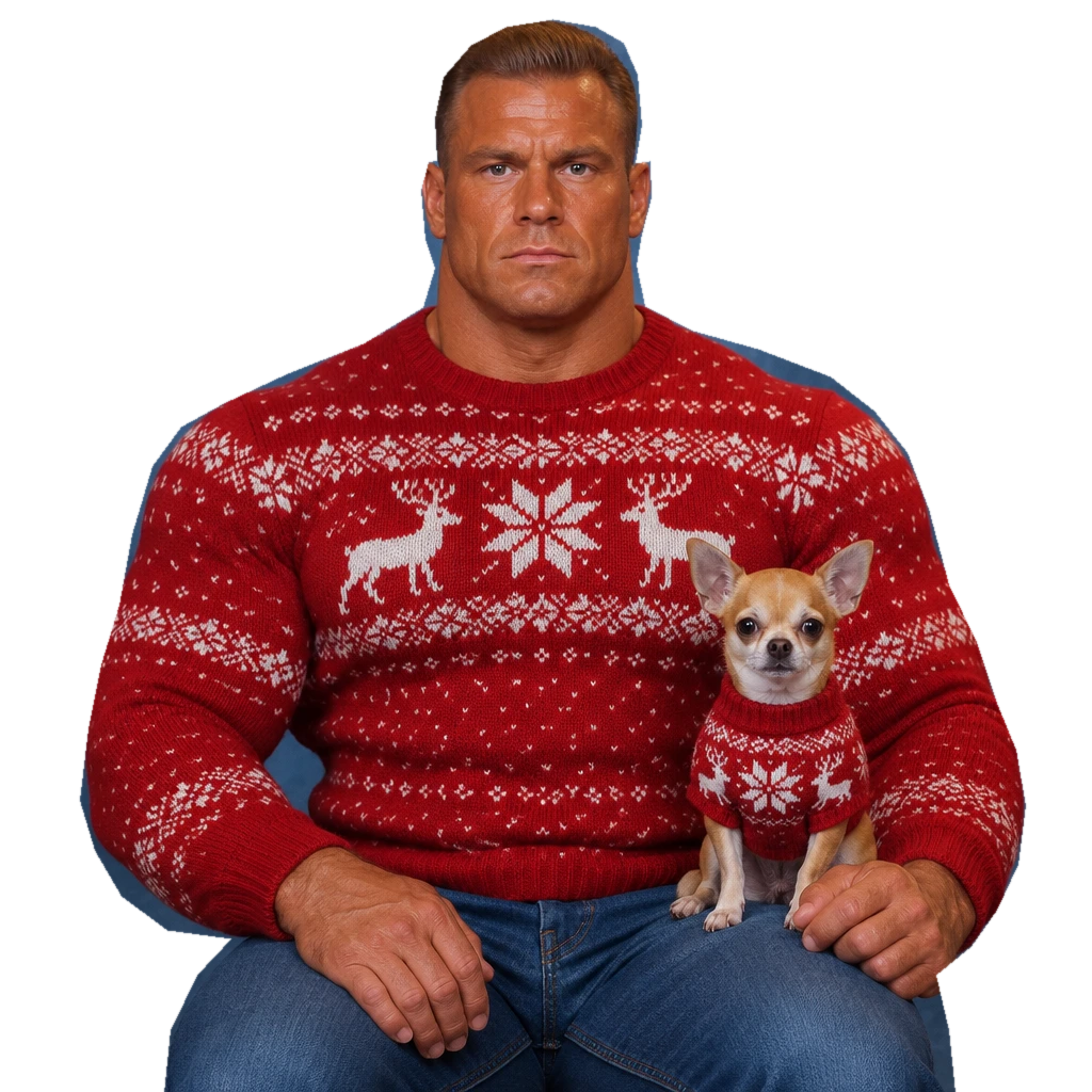 Buck sits bolt upright with his tiny chihuahua on his knee. Both wear identical red Christmas sweaters and stare seriously at the camera.