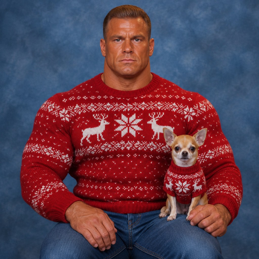 Unmodified original artwork #1733: Buck and his chihuahua in a formal studio portrait.